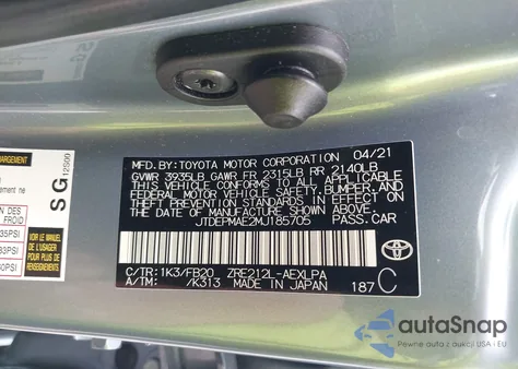 2021 Toyota Corolla Le из США, поврежденный, VIN JTDEPMAE2MJ185705